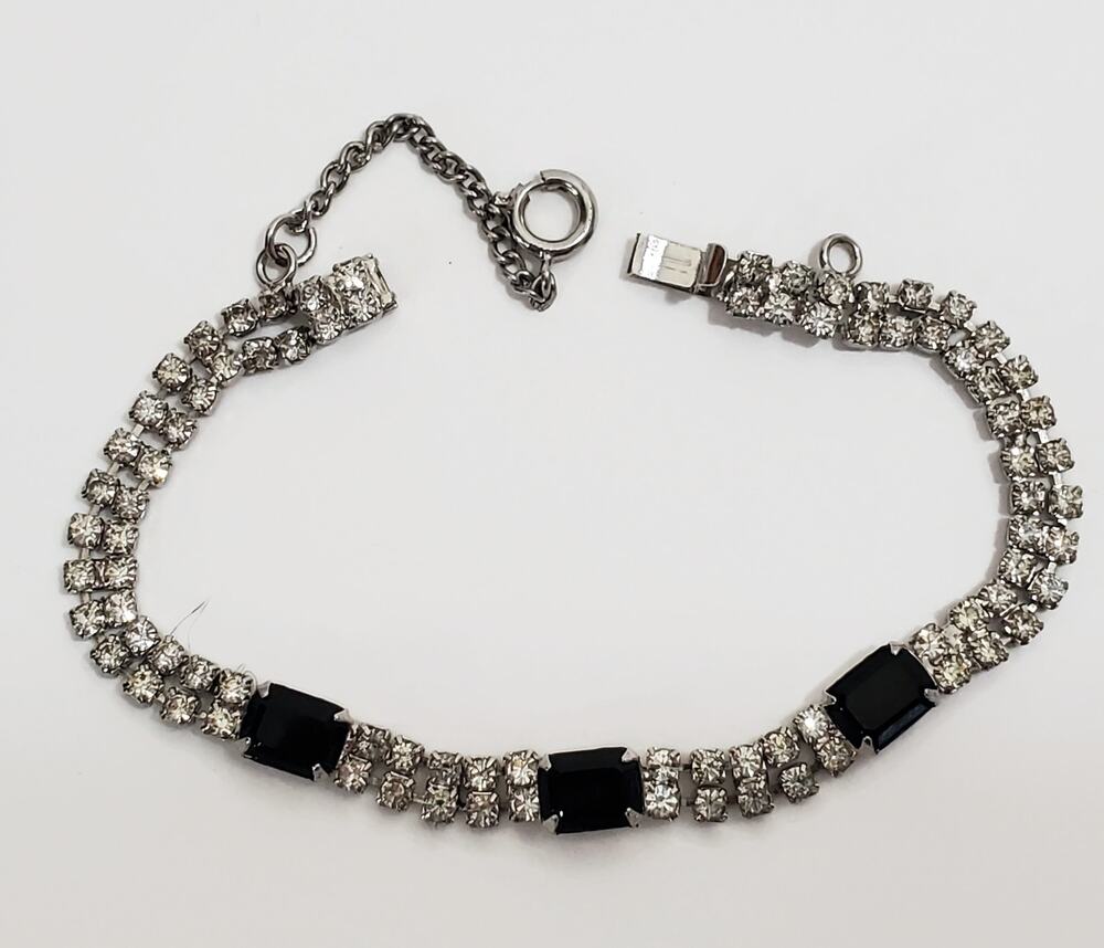 Vintage Eisenberg Ice Clear & Black Rhinestone Bracelet 7" Safety Chain